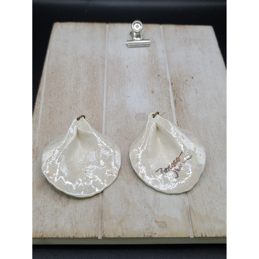 Signed Ceramic Shell With Pearl Dangle Earrings - image 7